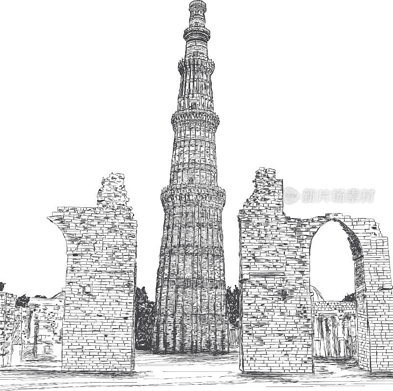 Qutub Minar矢量图-新德里，印度